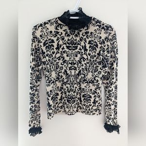 Vintage Silk Blend Top Floral Pattern Cream & Black With Ruffles Size S/M